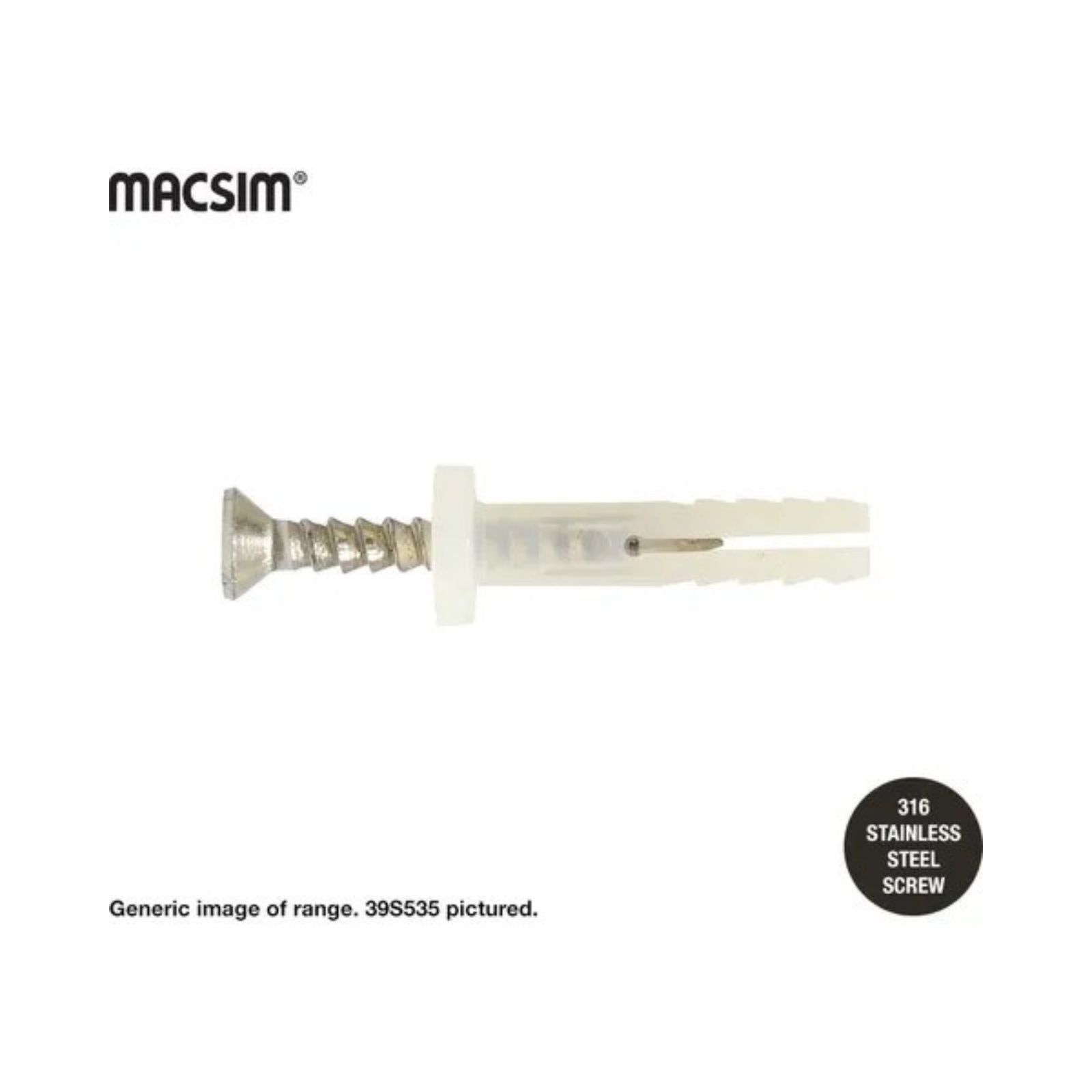 316 stainless steel screw with MACSIM branding on a white background