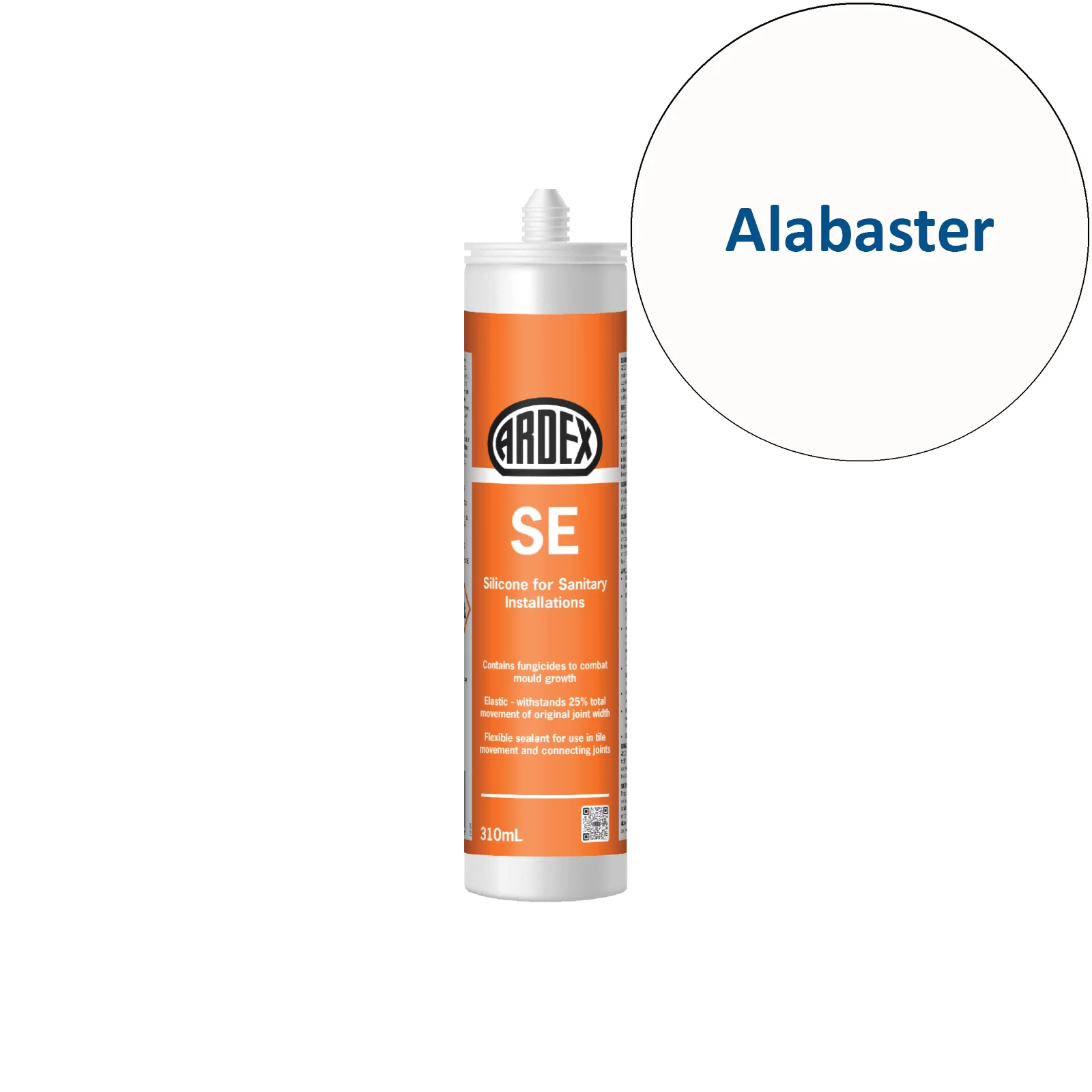 Ardex SE silicone sealant tube with a sample swatch labeled 'Alabaster' on a white background
