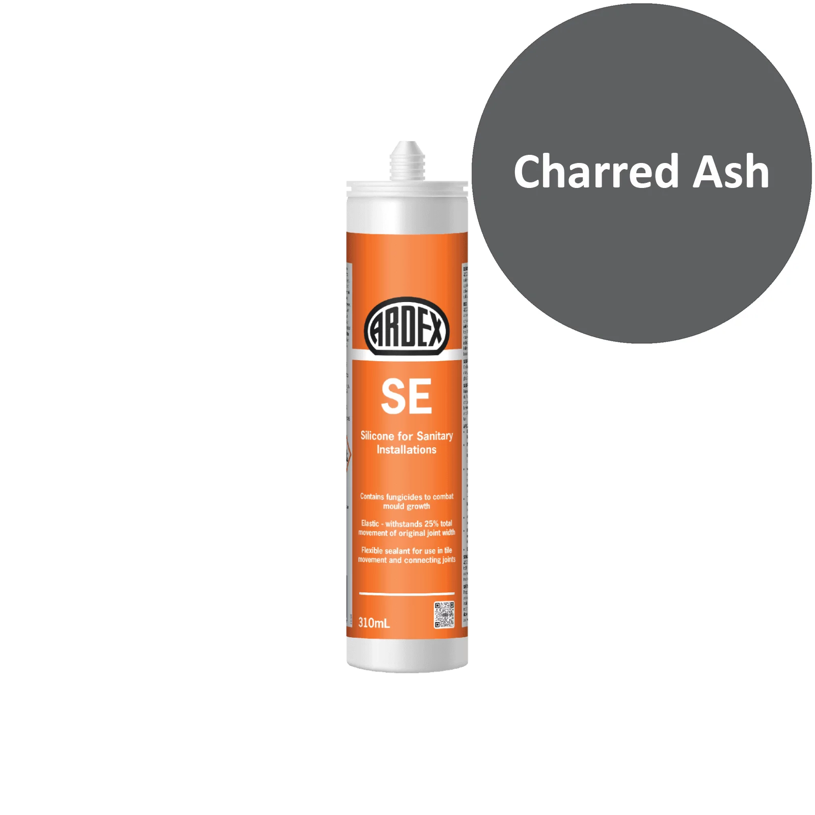 Ardex SE silicone sealant tube with a sample swatch labeled 'Charred Ash' on a white background