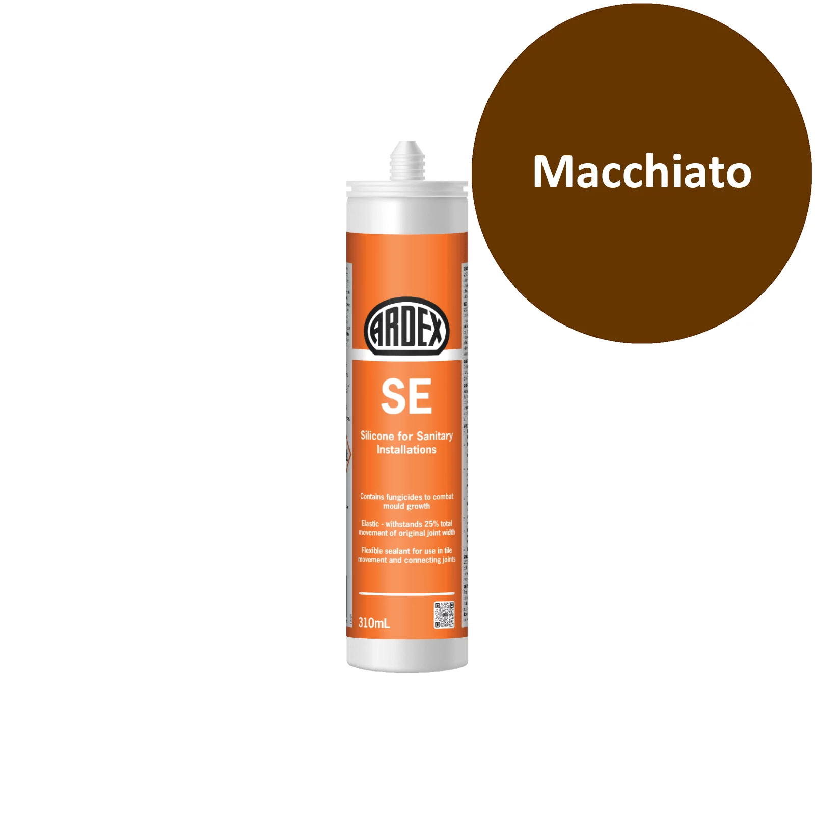 Ardex SE silicone sealant tube with a sample swatch labeled 'Macchiato' on a white background