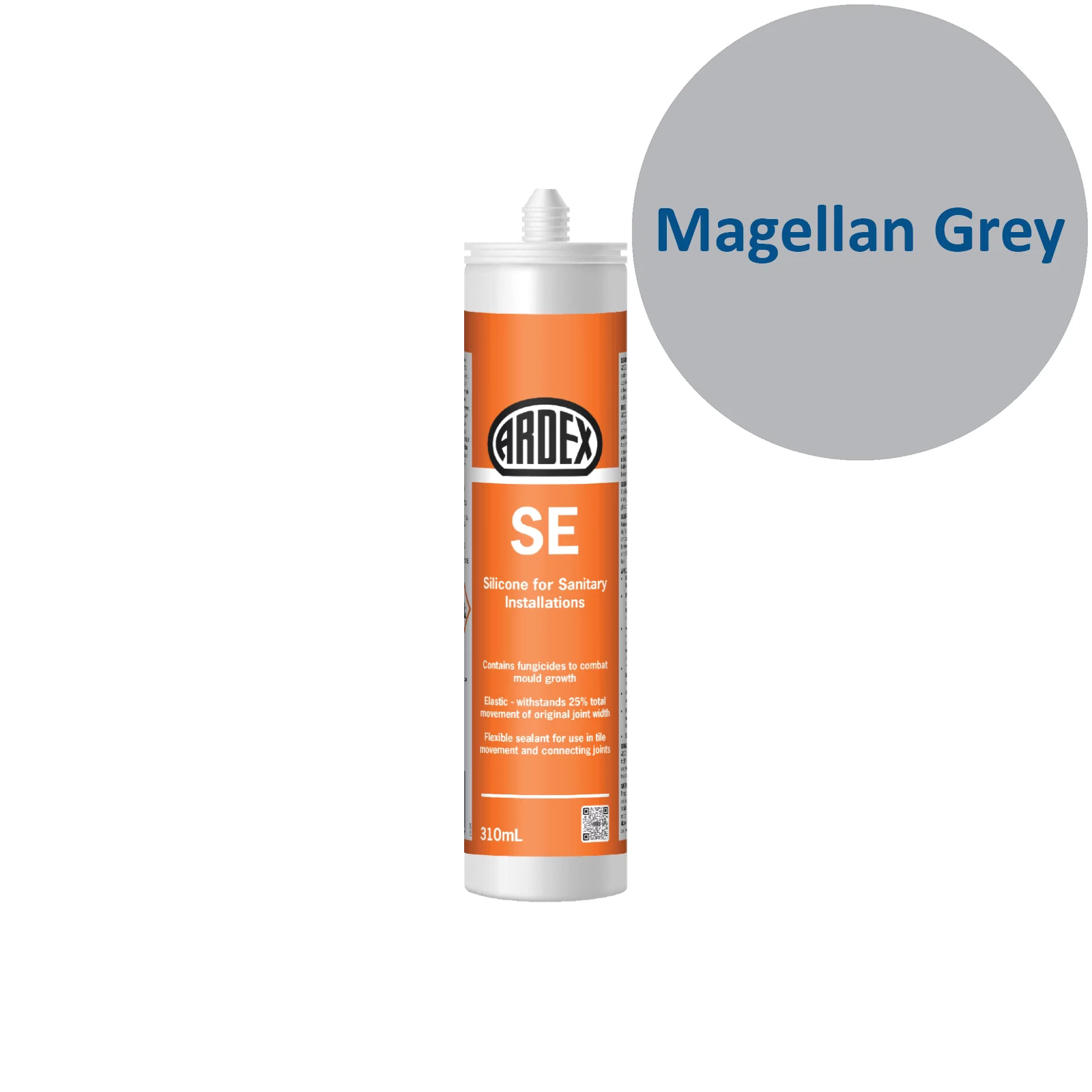 Ardex SE silicone sealant tube with a sample swatch labeled 'Magellan Grey' on a white background