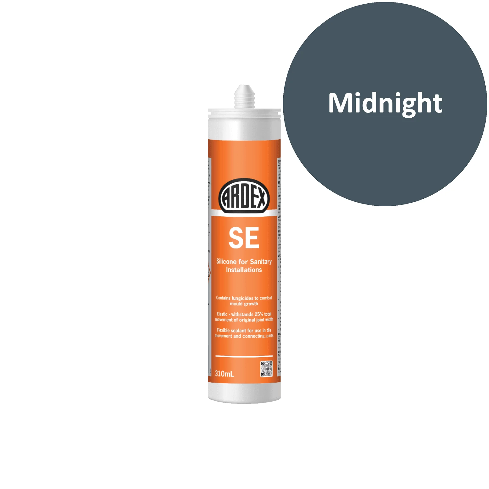Ardex SE silicone sealant tube with a sample swatch labeled 'Midnight' on a white background