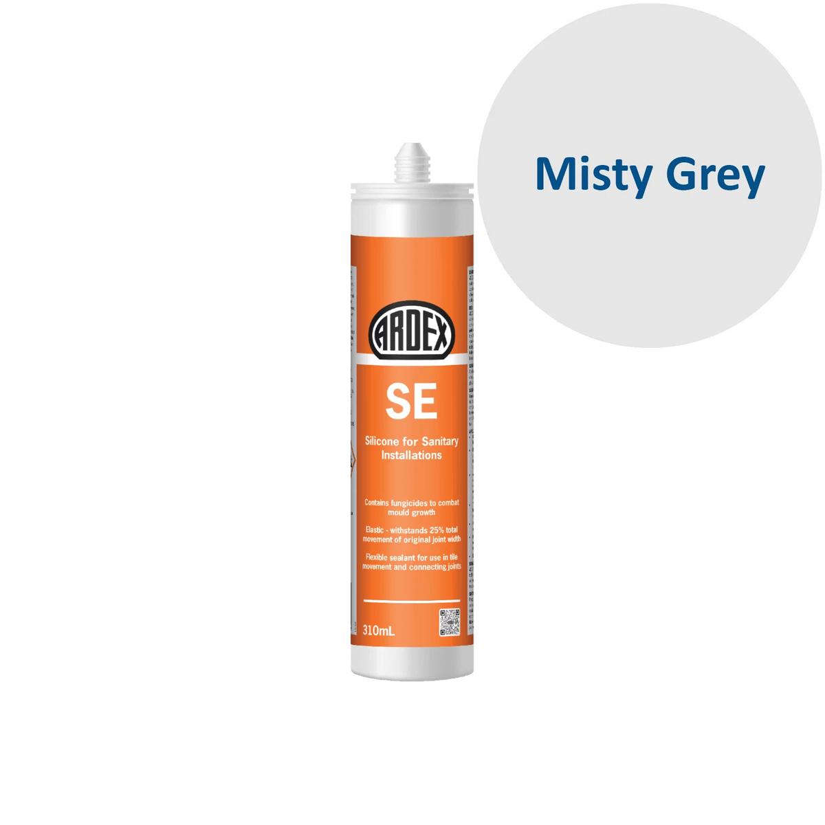 Ardex SE silicone sealant tube with a sample swatch labeled 'Misty Grey' on a white background