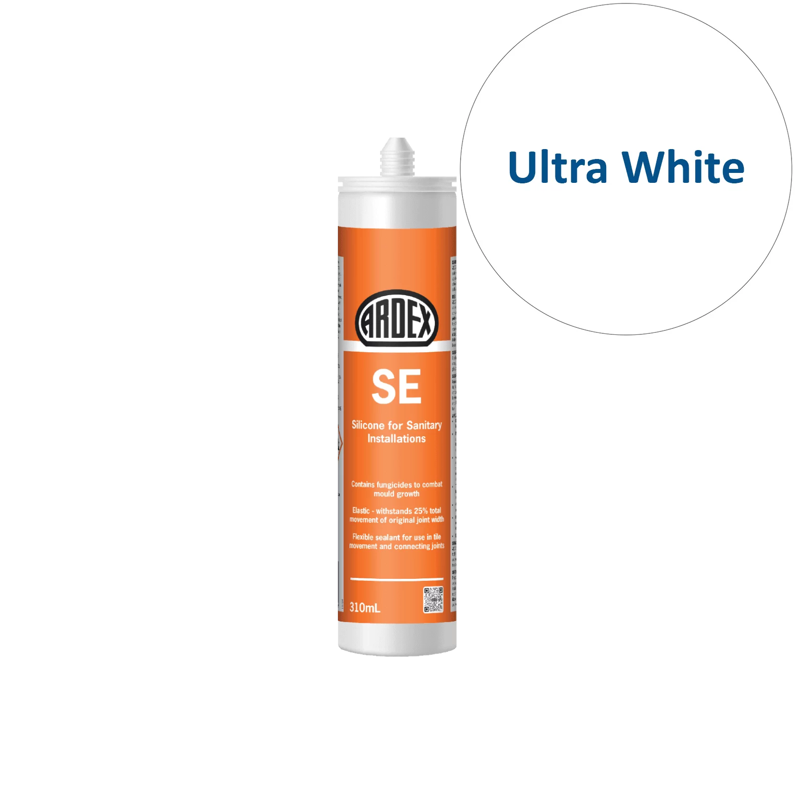 Ardex SE silicone sealant tube with a sample swatch labeled 'Ultra White' on a white background