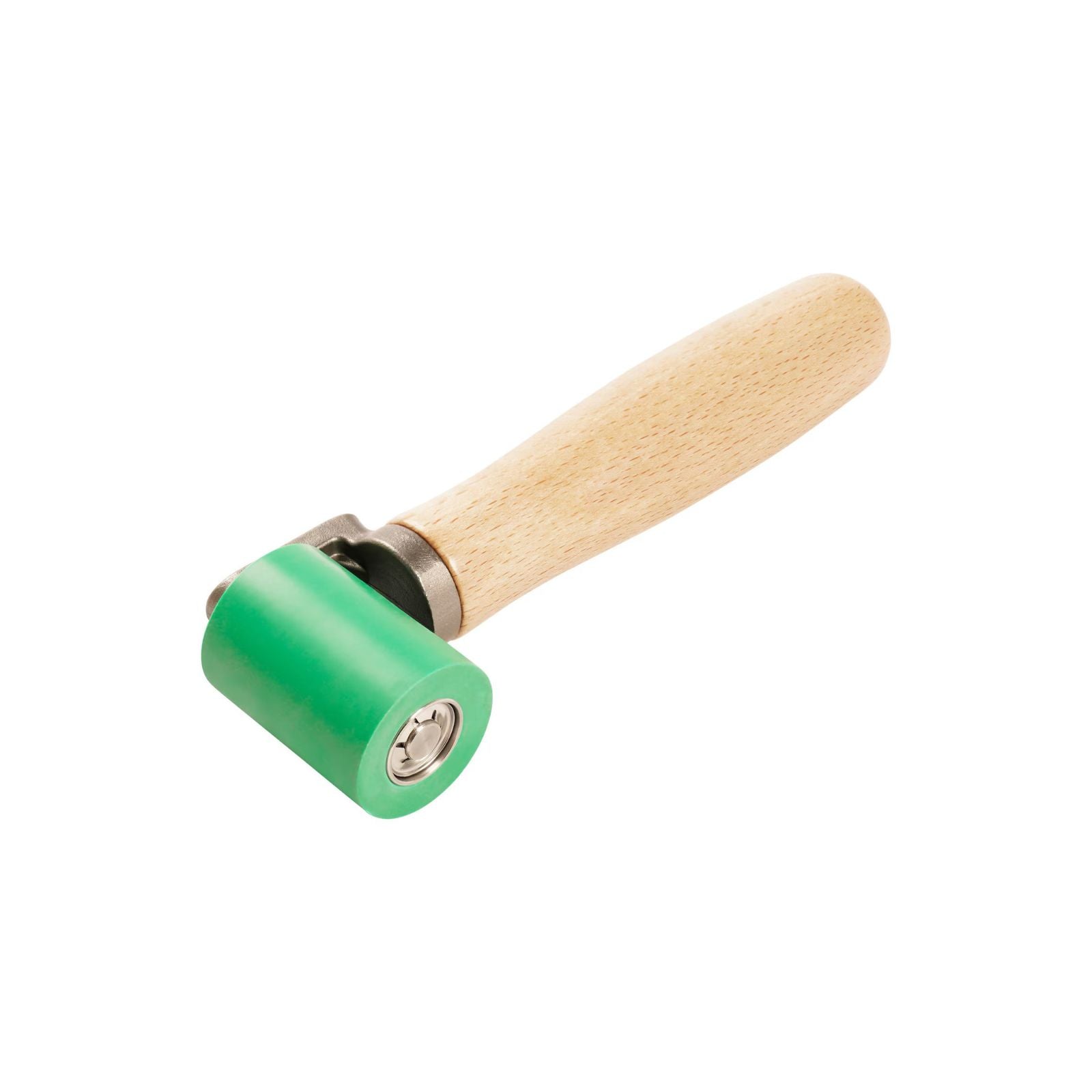 Green rolling pin with a wooden handle on a white background